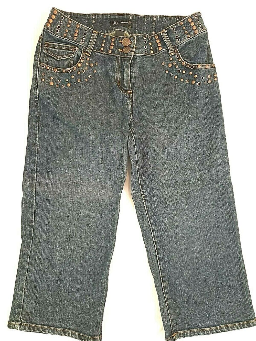 INC Womens Medium Wash Rivet Embellished Denim Capri Cropped Jeans Pants 8P